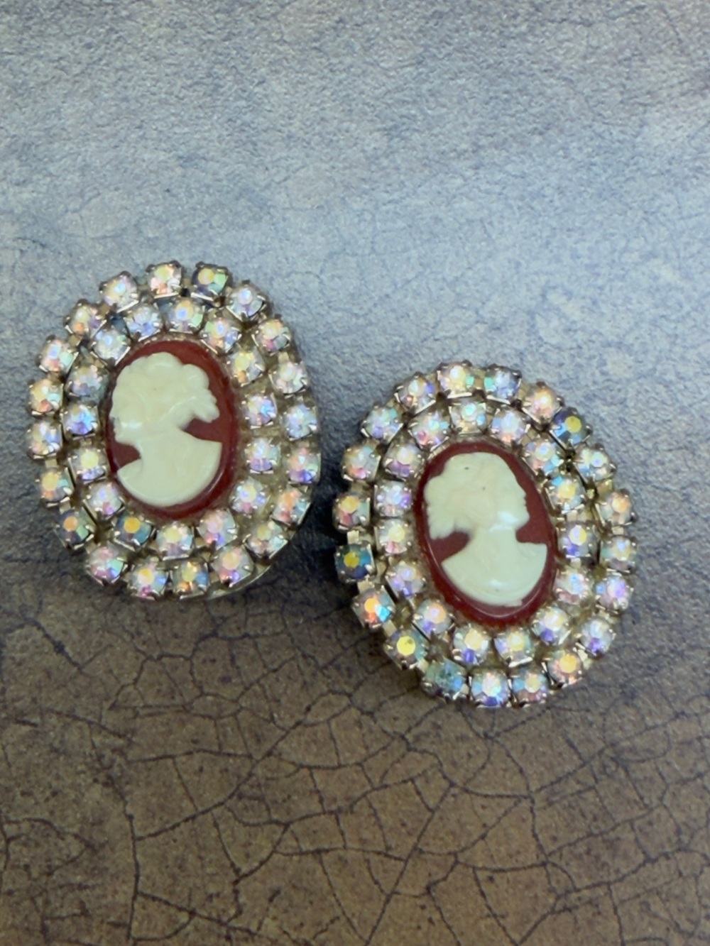 Vintage-Inspired Cream Cameo Cluster Earrings with Iridescent Crystals